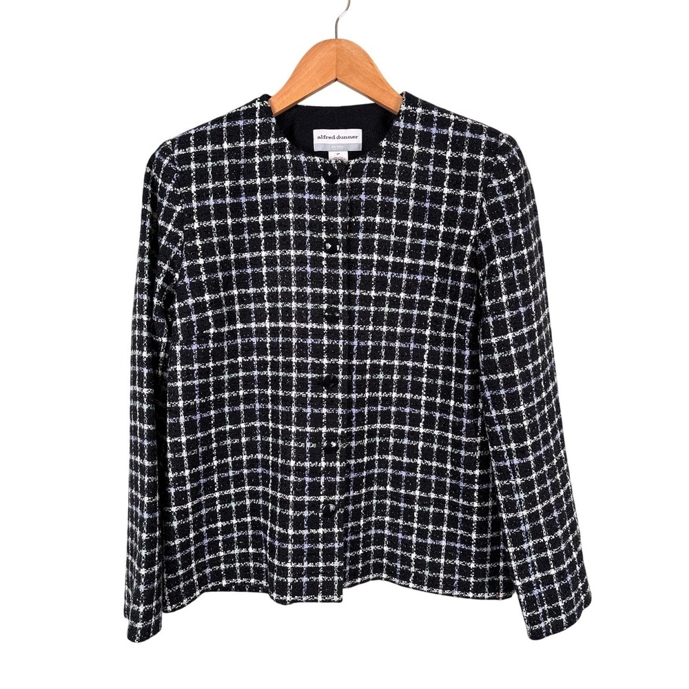 Alfred Dunner Womens 8P Black Plaid Button Front Petite‎ Blazer Jacket NWT